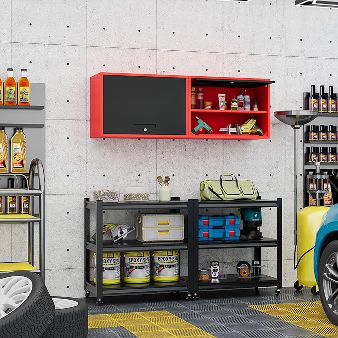 Metal Storage Cabinet Black Red Wall Cabinets with Shelf and Locking Door - Wall Mounted Storage Cabinet for Garage Warehouse Home Office - Assembly Required