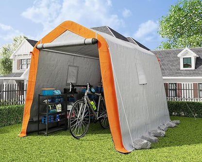 AMERLIFE 6x8x6.6 FT Heavy Duty Portable Shed Storage Shelter, Outdoor Storage Shed with 2 Waterproof Windows & Roll-Up Zipper Door, Carport for Motorcycle, Bike, Grey