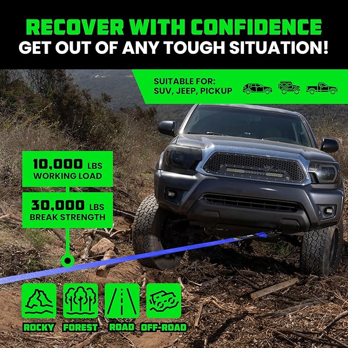 Rhino USA Recovery Tow Strap (3"x20') - 31,518lb Break Strength- Emergency Recovery Strap Tow Rope for Truck, UTV, ATV & More - Heavy Duty Towing Strap for Offroad 4x4 Use- Compatible with Jeep (Blue)