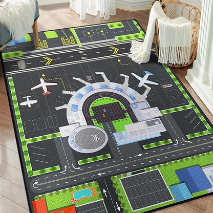 Playmat for Boys Playroom 5'x 6'6" Airport Mat for Kids Bedroom Traffic System and Aircraft Runway Rug Carpet Non-Slip Washable Area Rug