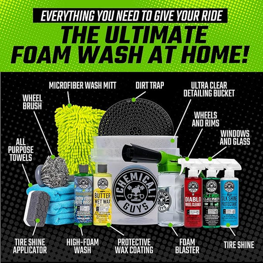 Chemical Guys HOL126 14-Piece Arsenal Builder Car Wash Kit with Foam Gun, Bucket, and (5) 16 oz Car Care Cleaning Chemicals, Gift for Car & Truck Lovers, Dads and DIYers (Works w/Garden Hose)