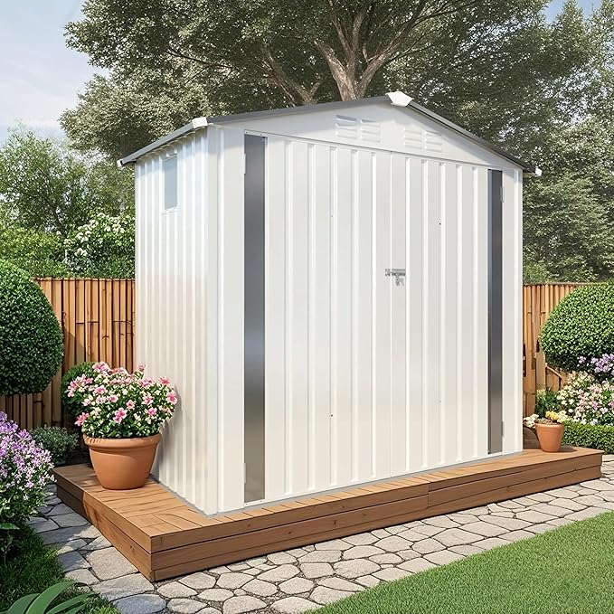 6X3.5 FT Outdoor Storage Shed with Window, Metal Garden Sheds w/Lockable Door and Vents, Waterproof Steel Tool House for Backyard, Patio, Lawn, Sundries & Utility Storage, White