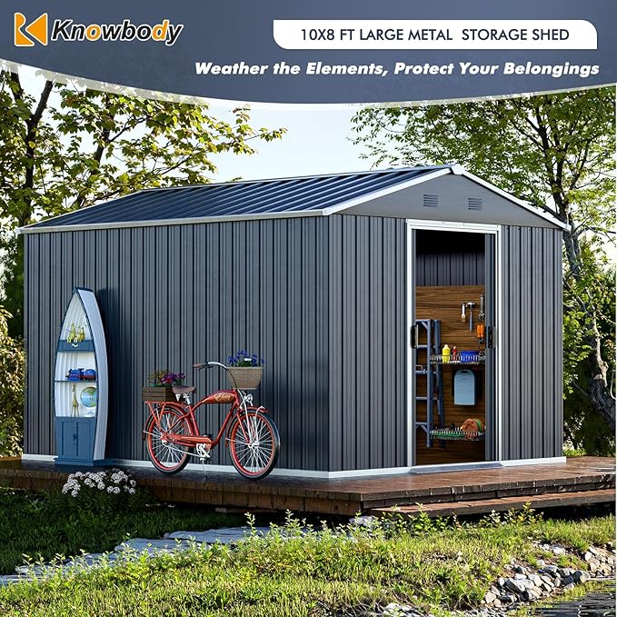 Metal Shed 8x10x6 FT - Steel Tool Storage with Sliding Door and Air Vents - Outdoor Bike Sheds for Garden, Backyard, Patio - Utility Storage Solution