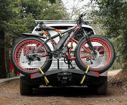2 E-Bike Foldable Hitch Mount Bike Rack for 2" Receiver SUV & Trucks, Up to 4'' Fat Tire, Lockable Hitch Racks for E-Bike with Ramp and Wheels, 180 LBS Capacity