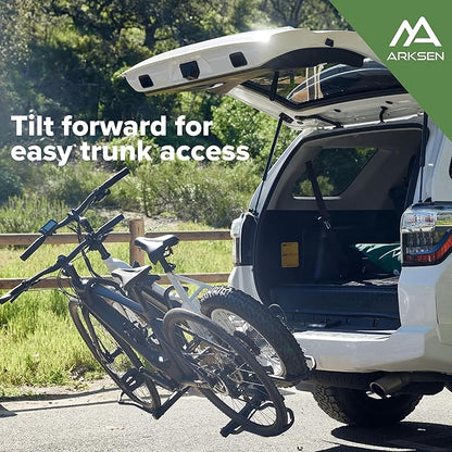 Arksen Hitch Mounted Smart Tilting 2-Bike Rack Platform Style 2" Foldable Carrier for Standard, Fat Tire, and Electric Bicycles -150 lbs Heavy Weight Capacity