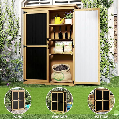 Outdoor Storage Shed with Shelf,Wood & Metal Storage Cabinet with Lockable Doors & Sloping Roof,Vertical Garden Shed for Patio Backyard,Tool Shed and Accessories, Brown