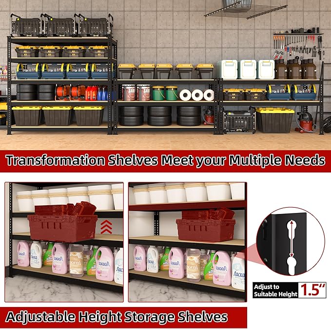 3 Packs 35.5" W x 16" D x 71" H Adjustable Garage Storage Shelves - 5-Shelf Heavy Duty Shelving Unit, Metal Utility Storage Organizer Racks for Warehouse Pantry Closet Kitchen, Black
