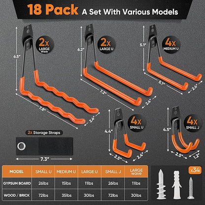 Nacial 18 Pack Garage Hooks Heavy Duty, Utility Steel Garage Storage Hook with 2 Extension Cord Storage Straps, Utility Garage Wall Mount Hooks for Hanging Bike, Ladder and Garden Tools, Orange