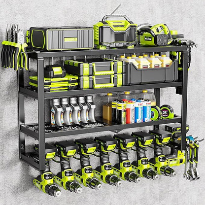 MAXIFFE 4 Layer Power Tool Organizer Wall Mount, Heavy Duty Metal Cordless Tool Organizers and Storage Rack Holder with 9 Drill Holders for Garage Storage Organization, Gifts for Men, Black, 26 inch