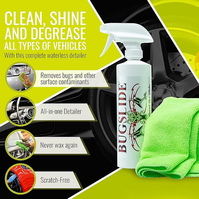 BugSlide 16 Oz Shop Kit Cleaner and Polisher with Microfiber Towel, Tree Sap Remover, Waterless Detailer for Removing Bugs Without Scratching, Shining and Degreasing All Surfaces
