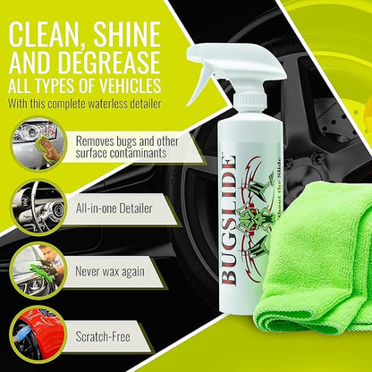 BugSlide 16 Oz Shop Kit Cleaner and Polisher with Microfiber Towel, Tree Sap Remover, Waterless Detailer for Removing Bugs Without Scratching, Shining and Degreasing All Surfaces