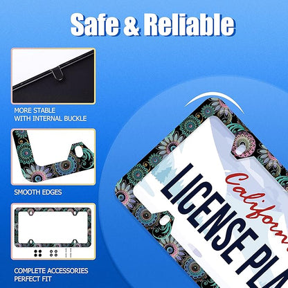 Mandala Flower License Plate Frame License Plate Stainless Steel Parts Funny License Plate Decorative with Screws Size 12.3" x 6.3" for Men Women
