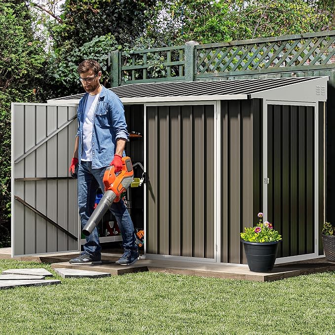DWVO 8x4 FT Outdoor Weatherproof Storage Shed, Secure Metal Bike Shed w/Lockable Entry, Garden Storage Solution for Lawn Equipment, Tools, Waste Bin, Dark Gray