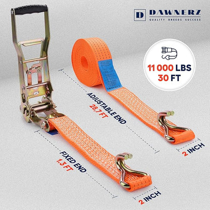 Heavy Duty Ratchet Straps 2 inch 30 ft - 11000 Lb Breaking Strength Double Wire J Hook Tie Down Ratchet Straps for Trucks and Trailer
