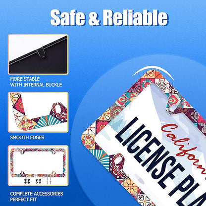 Stitching Tile Boho Pattern License Plate Frame Stainless Steel Parts Colorful License Plate Decorative with Screws Size 12.3" x 6.3" Women